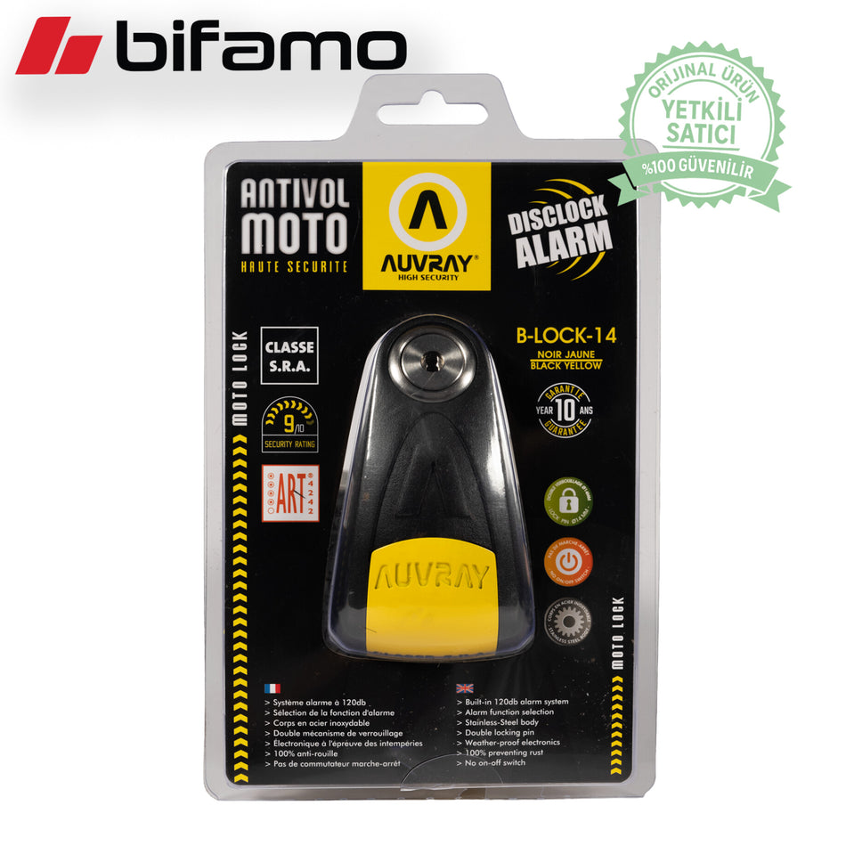 Auvray B-Lock 14 Alarmlı Disk Kilidi Siyah-Sarı – 14mm Paslanmaz Çelik Motosiklet Disk Kilidi