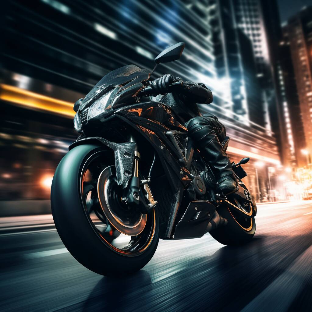 a sport motorcycle riding in the city by night close up 
