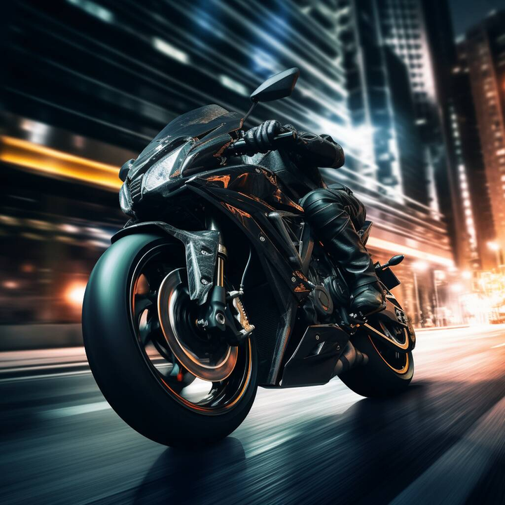a sport motorcycle riding in the city by night close up 