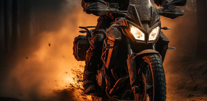 a adventure motorcycle riding in desert front view in motion